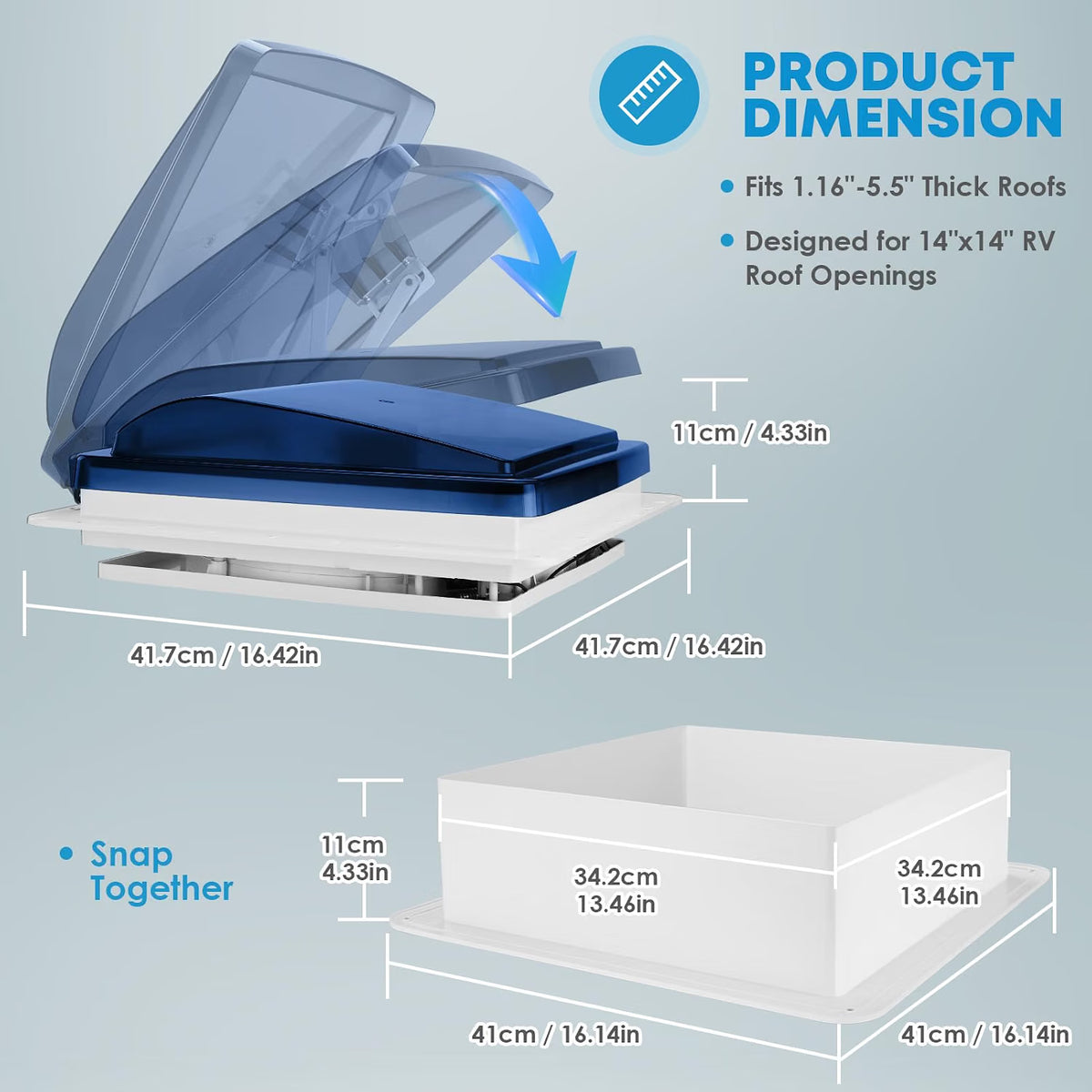 RV Roof Vent Fan 14x14, with Remote Control, Quiet 12V, Blue