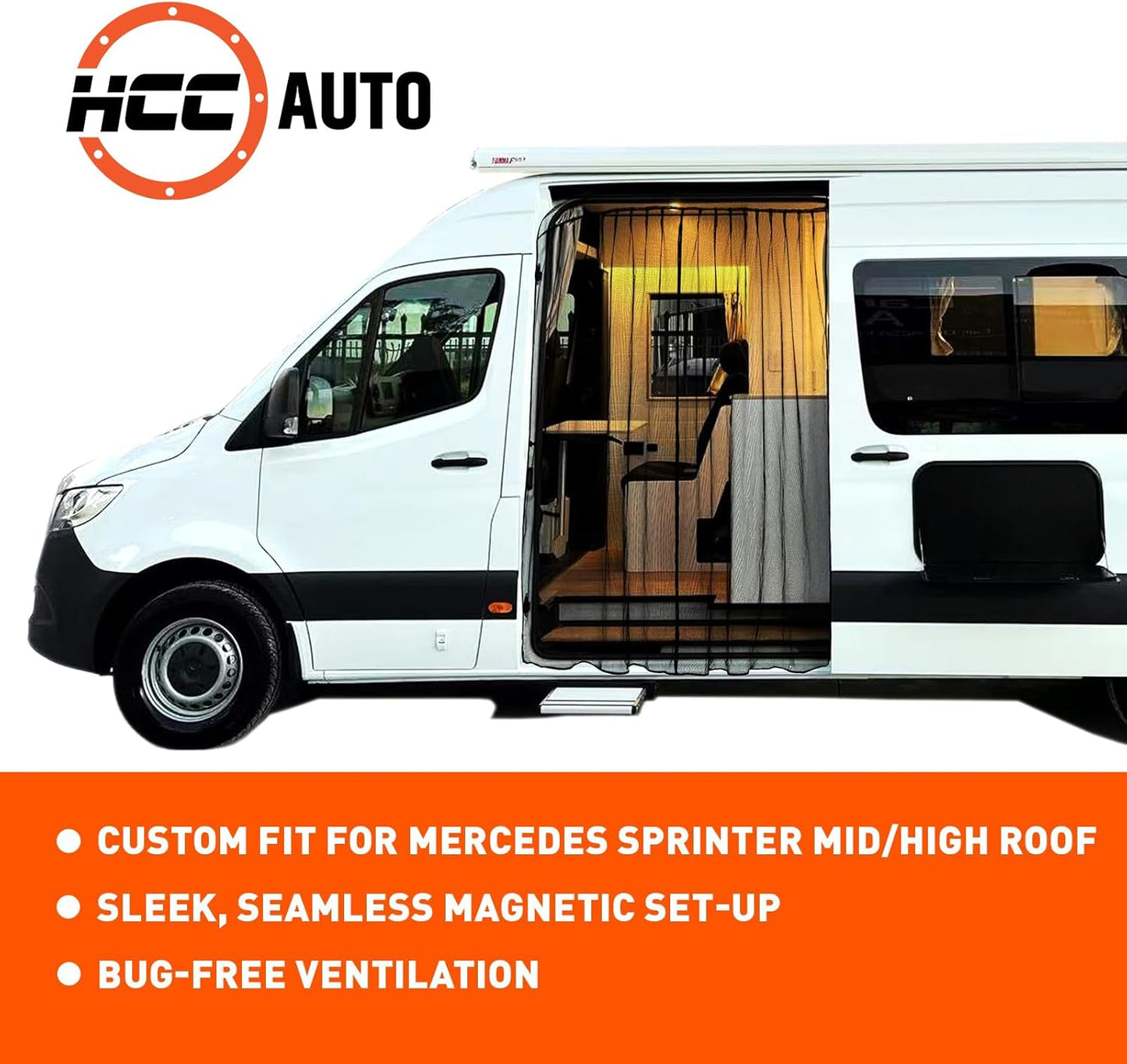 Van Bug Screen for Mercedes-Benz Sprinter Mid/High Roof, Universal Size Sliding Door Mosquito Net, Center Magnetic Closure